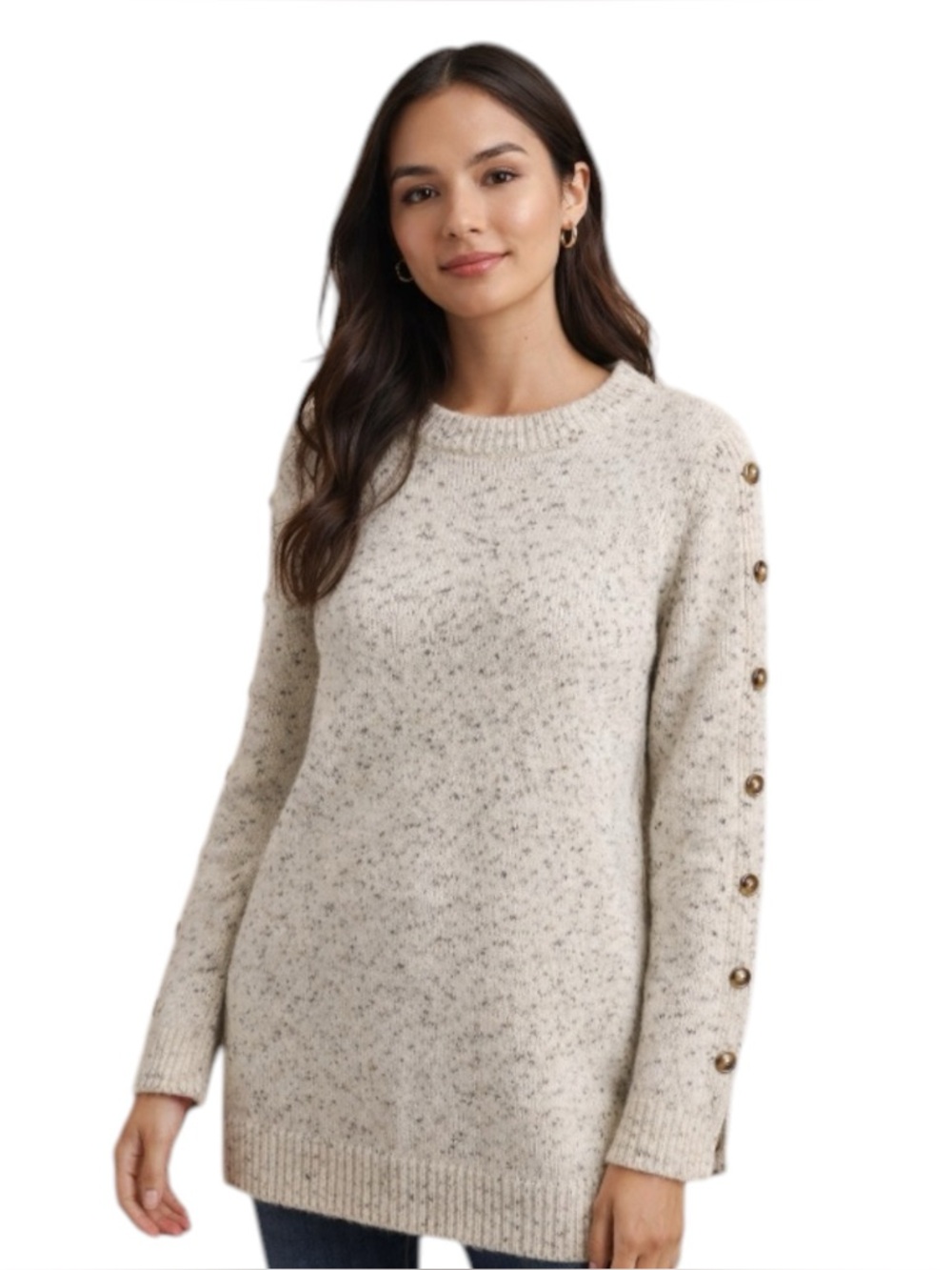 Madewell Tweed Knit Sweater Small Cream Button Sleeve Cozy Pullover